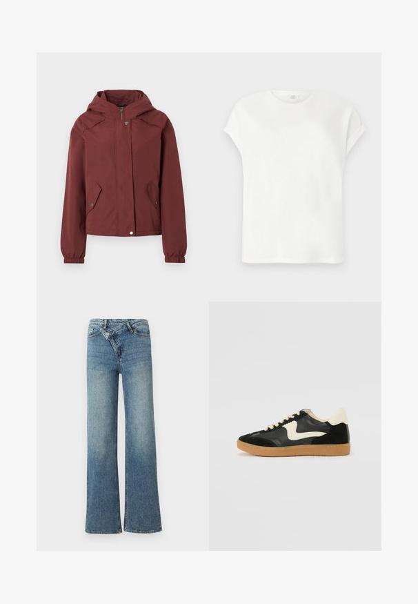 Bordeauxrote Kapuzenjacke mit vorderem Reißverschluss und Druckknopfverschluss, zwei vorderen Klappentaschen mit Druckknöpfen und elastischen Bündchen.; Weißes T-Shirt mit kurzen, hochgekrempelten Ärmeln und rundem Ausschnitt, flach auf einem hellgrauen Hintergrund gezeigt.; Hellblaue Jeans aus Denim mit weitem Bein, hoher Taille, leichter Verblassung und Knopfverschluss vorne. Verfügt über fünf Taschen und minimale Nähte.; Schwarze Wildleder- und Leder-Sneaker mit einem cremefarbenen Seiten-Swoosh und einer hellcremefarbenen Ferse. Ausgestattet mit beige Schnürsenkeln und einer Gummilaufsohle.