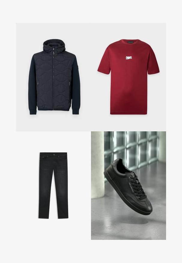 Marineblå quiltet jakke med hætte, der har lynlåslukning og to sidelommer. Ærmerne er ensfarvede marineblå og fremviser en kontrasterende tekstur.; Mørkerød T-shirt med korte ærmer og rund hals med lille sølvlogo placeret midt på brystet.; Sorte denim jeans med lige ben, der har et klassisk fem-lomme design, lynlås i taljen og subtile syninger.; Sort læder-sneaker med en struktureret overflade, flade snørebånd, rundet tå og gummisål. Har et logo-detalje på siden.