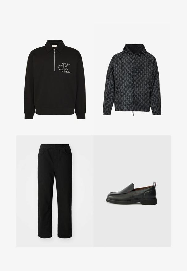 Sort hættetrøje med lynlås foran og gentagende lysegråt abstrakt mønster på stoffet.; Sort langærmet pullover med krave, halvlukning foran med lynlås og hvidt broderet "cK" logo på venstre bryst.; Sorte bomuldsbukser med en afslappet pasform, elastisk talje, to frontlommer og lige ben. Glat tekstur uden synlige mønstre.; Sorte læder slip-on sko med rund tå, struktureret overdel, kontrasterende rød syning og lav hæl. Funktioner en løkke pull tab.