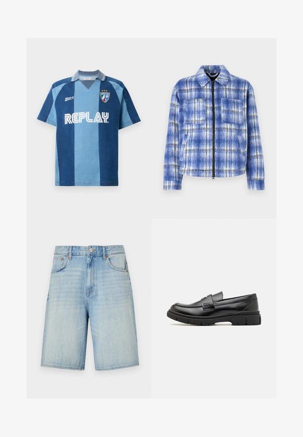 Blåternet jakke med lynlås foran, to brystlommer og en struktureret krave. Fremstillet af tekstureret stof med hvide og sorte accenter.; Denim-inspireret jersey med korte ærmer, der har et mørkeblåt og lyseblåt stribet design, V-hals, og "REPLAY" logoet præsenteret tydeligt.; Lyseblå denimshorts med lige skæring, forsynet med knap- og lynlåslukning, fem lommer og en let slidtblandet finish.; Sort læder loafersko med en bred rem over forfoden, gummisål med tykke mønstre og glat overflade. Klassisk, slankt design.