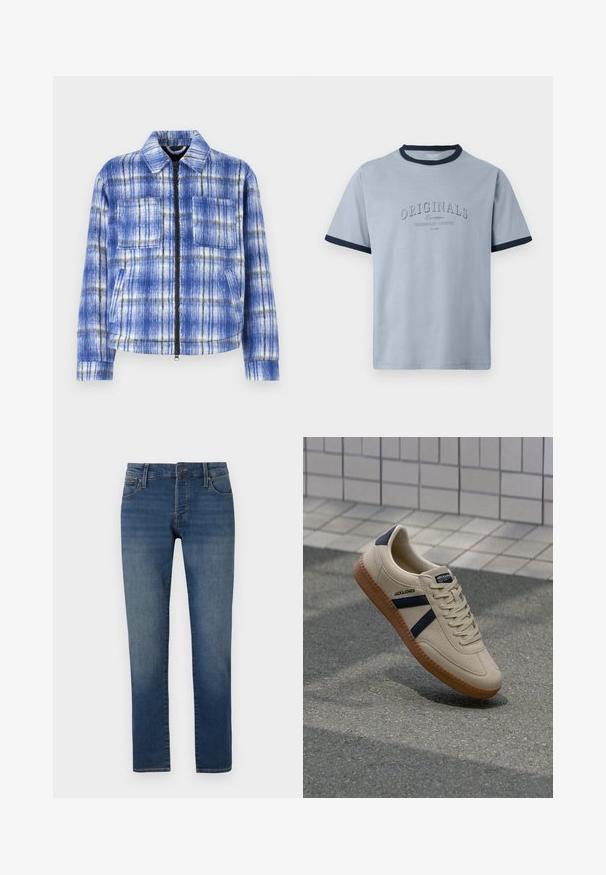 Blau karierter Mantel mit Reißverschluss vorne, zwei Brusttaschen und strukturiertem Kragen. Hergestellt aus strukturiertem Stoff mit weißen und schwarzen Akzenten.; Hellblaues Baumwoll-T-Shirt mit marineblauem Rippenkragen und Ärmeln. Verziert mit erhabenem Text "ORIGINALS" und "CONTEMPORARY AESTHETICS" in einem dezenten Design.; Schmal geschnittene blaue Jeans mit leichtem Verblassen an den Oberschenkeln, Fünf-Taschen-Design, Knopfverschluss und geradem Beinanschnitt auf einem weißen Hintergrund.; Beige Sneaker mit strukturierter Oberfläche, dunkelblauen Streifen und Gummisohle. Verfügt über eine gepolsterte Zunge und ein traditionelles Schnürsystem für einen sicheren Sitz.