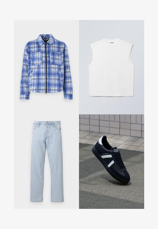 Veste à carreaux bleus avec fermeture éclair à l'avant, deux poches poitrine et un col structuré. Fabriquée dans un tissu texturé avec des accents blancs et noirs.; Haut blanc sans manches en coton à col rond avec épaules structurées, marqué "WEEKDAY" sur l'étiquette du col, présenté sur un fond gris clair.; Jean droit en denim bleu clair avec fermeture par bouton et zip à l’avant, passants de ceinture et poches avant sur fond blanc.; Sneaker en cuir noir avec des rayures blanches, semelle en caoutchouc texturée et devant à lacets. Présente une étiquette de marque sur la languette.