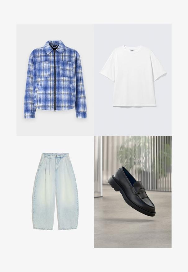 Blauwe geruite jas met een ritssluiting aan de voorkant, twee borstzakken en een gestructureerde kraag. Gemaakt van een textuur stof met witte en zwarte accenten.; Witte oversized T-shirt met korte mouwen, ronde hals en verlaagde schouders, plat op een lichtgrijze achtergrond.; Lichtblauwe wijde jeans met hoge taille, plooien aan de voorkant en voorzakken, plat gelegd op een witte achtergrond.; Zwarte leren loafers met een gladde afwerking, voorzien van een decoratieve band en een gestructureerd paneel aan de voorkant, en een rubberen zool met textuur.