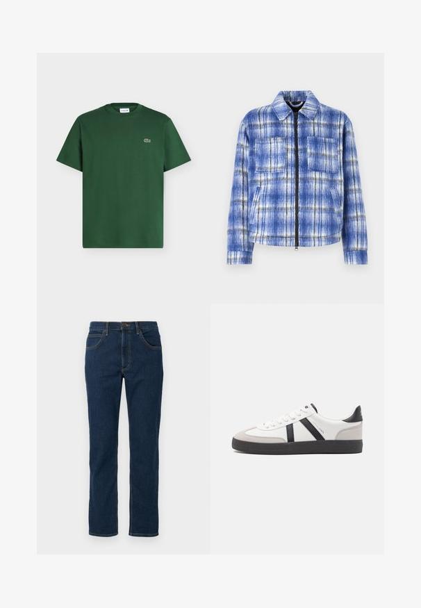 Veste à carreaux bleus avec fermeture éclair à l'avant, deux poches poitrine et un col structuré. Fabriquée dans un tissu texturé avec des accents blancs et noirs.; T-shirt en coton vert foncé à manches courtes, col rond, avec petit logo crocodile Lacoste sur le côté gauche de la poitrine.; Jean en denim bleu foncé avec une coupe droite, design classique à cinq poches, couture visible de couleur contrastante et fermeture à bouton.; Baskets blanches avec des accents noirs et gris, présentant un embout texturé gris, une semelle en caoutchouc noir et des lacets plats blancs. Design épuré, style minimaliste.