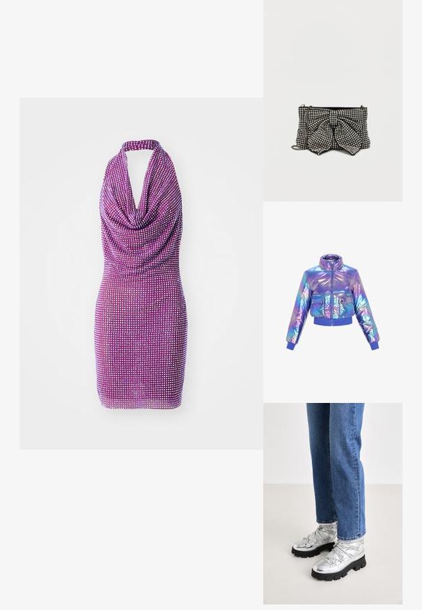 Iridescent lühike puffer-jakk, millel on kõrge krae, tõmblukuga sulgemine, kaks esist pocketit ning elastsed mansetid ja alläär lilla ja sinistes toonides.; Lilla nööridega kleit, millel on drapeeritud eesosa ja kogu kleidi ulatuses sädeleva mustriga. Kehasse liibuv lõige sujuva tekstuuriga. Lühike pikkus.; Metallik hõbedased pahkluu saapad karmide mustade talladega, millel on pehmendatud ülemine osa ja nöörid, koos siniste sirgete ükstaskute teksajatega.; Must mustrünne mustklaas, millel on suur pael, kaunistatud hõbedaste nupudega, ahelakäepideme ja struktuurse pinnaga, mis püüab valgust.