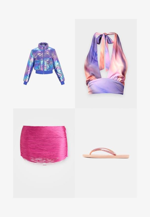 Iridescent croppet pufferjakke med høj krave, lynlåslukning, to forlommer og elastiske manchetter og kant i lilla og blå nuancer.; Halterneck top i blødt stof med nuancer af pastelpink og lilla, med sammensamlet elastisk bånd og stropper bagpå.; Lyserød plisseret stof med horisontale linjer, rund form og kontrastfyldt glansfuld kant. Tekstureret med livlig farve og glat finish.; Lyserød flip-flop med en glitrende rem, tekstureret gummisål og enkelt fladt design. Der er detaljer som et skinnende forbindelsesstykke.