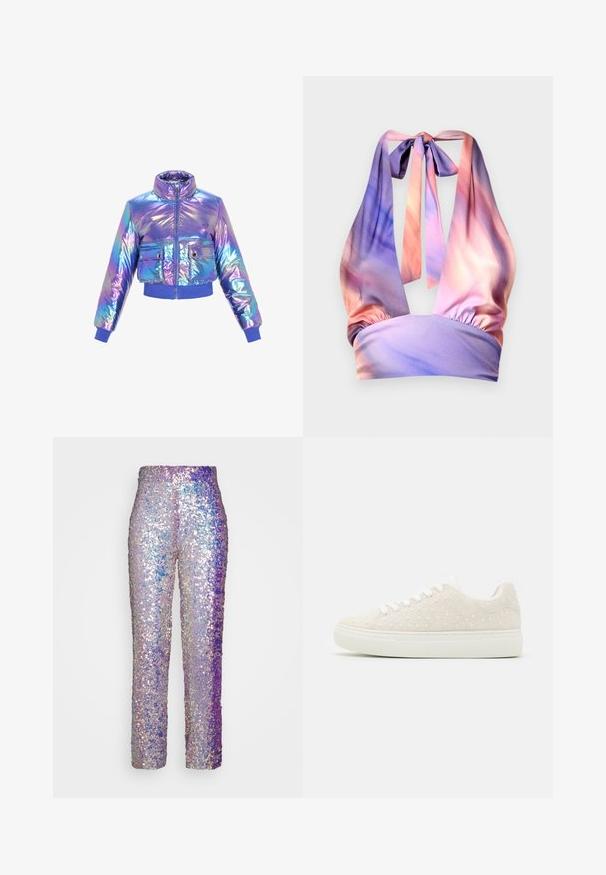 Iridescent croppet pufferjakke med høj krave, lynlåslukning, to forlommer og elastiske manchetter og kant i lilla og blå nuancer.; Halterneck top i blødt stof med nuancer af pastelpink og lilla, med sammensamlet elastisk bånd og stropper bagpå.; VACLAV IRRIDESCENT SEQUIN PANTS - Bukser - purple; Beige sneakers med tekstureret overflade, pyntet med små hvide perler, flad hvid gummisål og snørebånd design. Enkel, rund form.