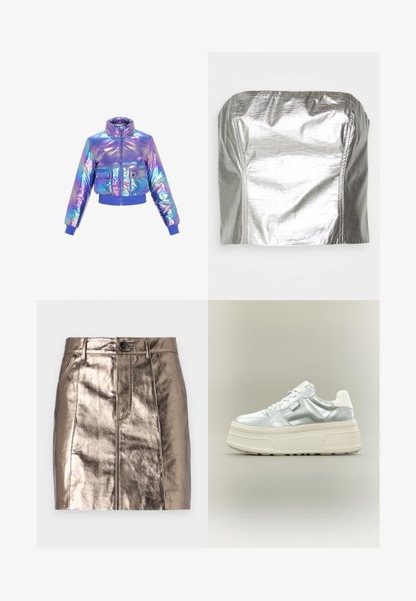 Iridescentná skrátená pufovaná bunda s vysokým golierom, zipsovým zapínaním, dvoma prednými vreckami a elastickými manžetami a lemom v purpurových a modrých odtieňoch.; Gina Tricot TUBE - Top - silver-coloured; Metalická bronzová mini sukňa z denimu so štýlovým strihom, prednými vreckami a pásom so zapínaním na gombík. Hladká a lesklá textúra.; Robustná platformová teniska s kovovým strieborným zvrškom, bielymi šnúrkami a hrubou krémovou textúrovanou podrážkou, zobrazená z bočného profilu na neutrálnom pozadí.