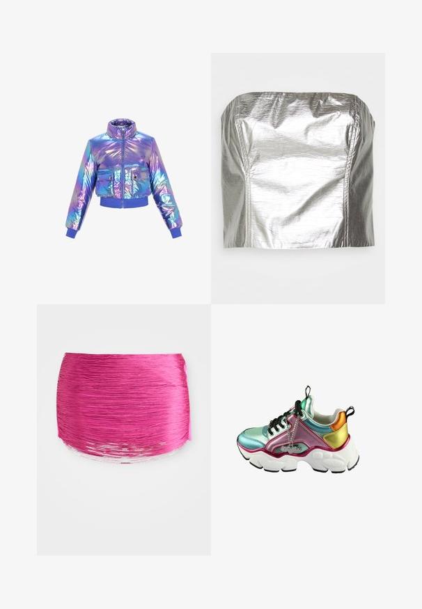 Iridescente, verkürzte Daunenjacke mit hohem Kragen, Reißverschluss, zwei Fronttaschen und elastischen Bündchen und Saum in lila und blauen Farbtönen.; Gina Tricot TUBE - Top - silver-coloured; Rosa gefalteter Stoff mit horizontalen Linien, runder Form und kontrastierendem glänzendem Rand. Texturiert mit lebendiger Farbe und glatter Oberfläche.; Mehrfarbige Sneaker mit einer glänzenden Oberseite, die eine Mischung aus mintgrün, rosa und gold aufweist. Klobige weiße Sohle mit schwarzen Akzenten und Kettendetails.