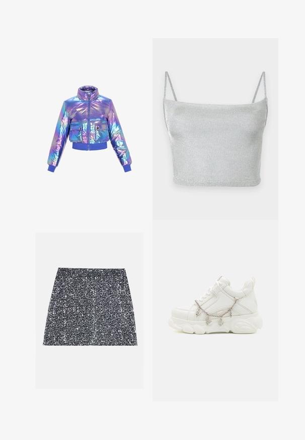 Veste courte en duvet irisé avec un col haut, fermeture éclair, deux poches avant et des poignets et un ourlet élastiqués dans des teintes de violet et de bleu.; Crop top court en maille métallique argentée avec fines bretelles ajustables. Coupe ajustée et texture lisse. Aucun motif ni détail métallique visible.; Mini-jupe en sequins argentés avec un motif texturé et une coupe droite. Le tissu semble brillant et réfléchissant.; Baskets blanches avec une semelle épaisse, tige en cuir texturé et chaîne en métal décorative avec des breloques. Dispose d'un système de laçage et d'un col rembourré.