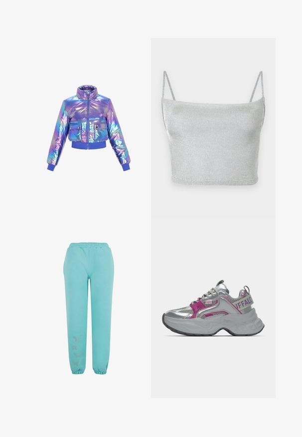 Iridescent cropped pufferjack uit met een hoge kraag, ritssluiting, twee voorzakken en elastische mouwen en zoom in paarse en blauwe tinten.; Zilverkleurige metallic gebreide crop top met dunne verstelbare bandjes. Strak model en gladde textuur. Geen patronen of zichtbare hardware details.; Turquoise joggingsbroek gemaakt van zachte stof, met een elastische tailleband, elastische boorden en decoratieve vlinderapplicaties.; Stevige zilveren sneaker met roze accenten, meshpanelen, dikke zool en "Buffalo"-branding op de hielband en zijkant.