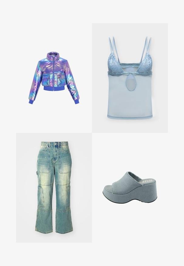 Iridescent croppet pufferjakke med høj krave, lynlåslukning, to forlommer og elastiske manchetter og kant i lilla og blå nuancer.; Lyseblå blonde bralette med dobbelte tynde skulderstropper og mesh-stof under brystet, med en lille oval udskæring i midten.; Lyseblå denim cargo bukser med bred benåbning, der har flere lommer og en falmet tekstur. Detaljer omfatter en knaplukning og syningsaccenter.; Lyseblå platform slide sandal med fransede tekstiloverdel, åben tå design, tyk, rund sål og tekstureret grå ydersål.