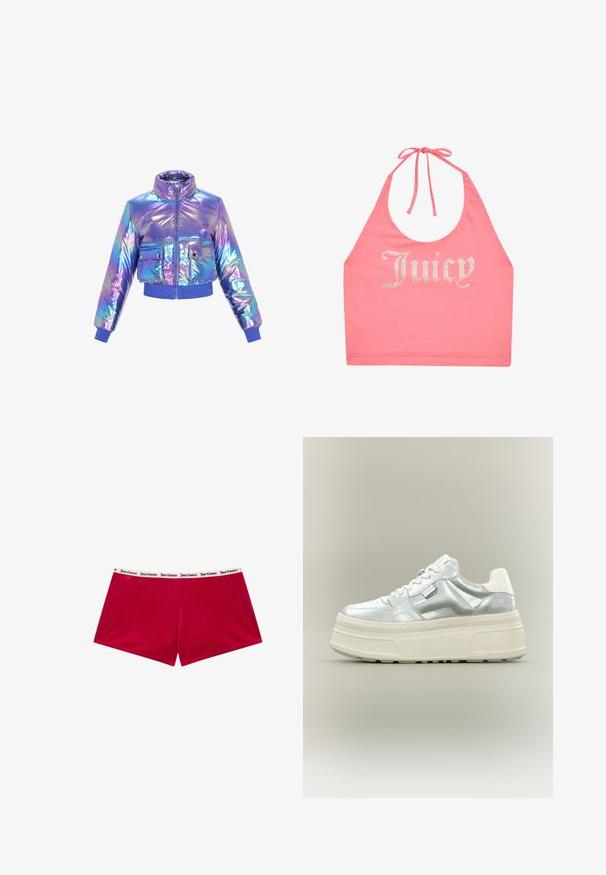 Iridescent cropped pufferjack uit met een hoge kraag, ritssluiting, twee voorzakken en elastische mouwen en zoom in paarse en blauwe tinten.; Roze haltertop met strik in de nek en strassletters die "Juicy" aan de voorkant spellen.; Rode geribde stoffen shorts met een zwart-wit Juicy Couture band. Het ontwerp is casual en heeft een recht gesneden vorm.; Chunky plateau sneaker met metallic zilveren bovenwerk, witte veters en dikke crème-gekleurde textuurzool, zijaanzicht op neutrale achtergrond.