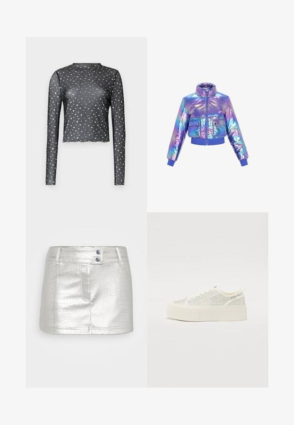 Iridescent cropped pufferjack uit met een hoge kraag, ritssluiting, twee voorzakken en elastische mouwen en zoom in paarse en blauwe tinten.; Zwarte lange mouw top gemaakt van doorschijnende stof, met een scalloped zoom en zilveren sterrenprint overal. Strak aansluitend ontwerp.; Zilveren faux leren rok met een gestructureerd krokodillenpatroon, voorzien van twee blauwe knoopaccenten en een aansluitend ontwerp.; Witte platform sneakers met een tekstuuroverzicht en iriserende accenten, en een dikke ribbelzool. Veters en een trekband aan de achterkant.