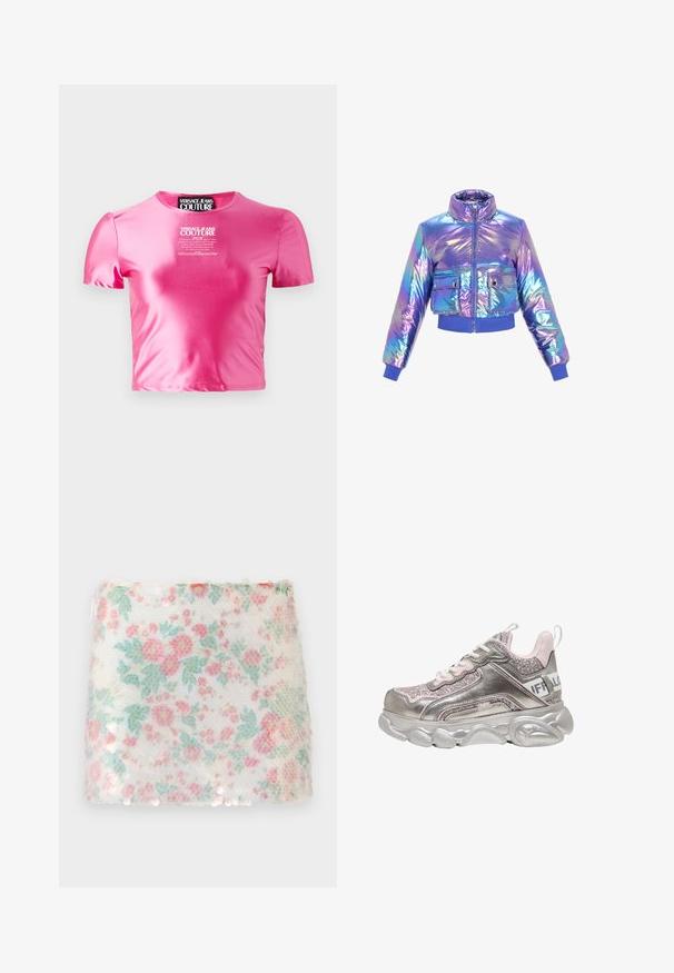 Iridescent lühike puffer-jakk, millel on kõrge krae, tõmblukuga sulgemine, kaks esist pocketit ning elastsed mansetid ja alläär lilla ja sinistes toonides.; Roosa lühike t-särk, mis on valmistatud siledast ja läikivast kangast. Omab lühikesi varrukaid ja ümarat kaelust, mille keskel on valge teksti logo.; Lillelilledega valge kangas, millel on pastellroosad ja rohelised õied, esitades tekstuurset pinda ja kergeid litrite detail koos alumise äärisega.; Robustne metallik hõbedane ja roosa vabaajajalats sädelevate paneelidega, valgete paelte, paksu vormitud tallaga ja kaubamärgiga kontsirihmaga.