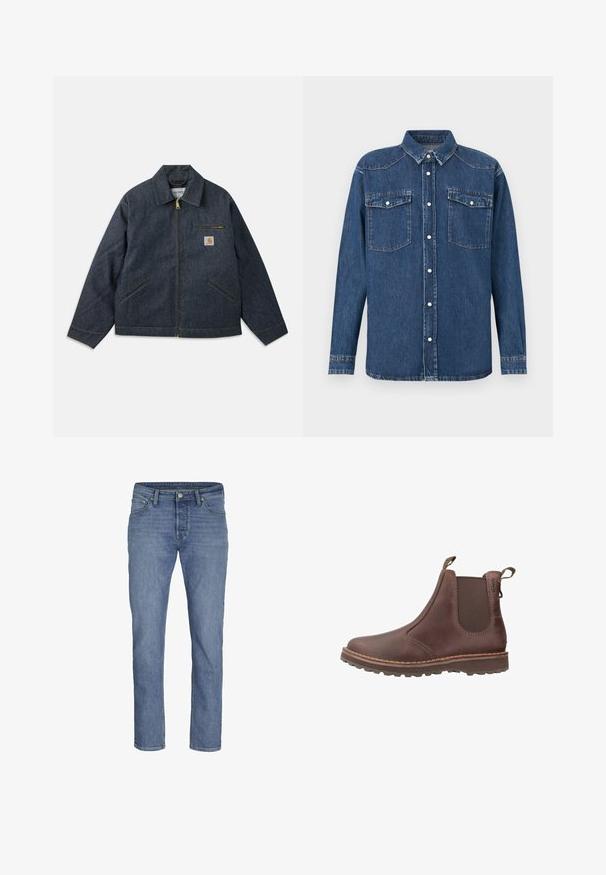 Mørkeblå denimjakke med lynlås foran, spids krave og to sidelommer. Har en brystlomme med logo-patch og gul syning.; Denimskjorte i mørkeblå, med knapper foran, spids krave, to brystlommer og lange ærmer med knapper ved manchetterne.; Lyseblå denimjeans med lige pasform, fem lommer og en frontknaplukning med kontraststikninger.; Brune læder ankelstøvle med elastiske sidepaneler, træksløjfer, kontraststikning og robust gummisål til godt vejgreb.