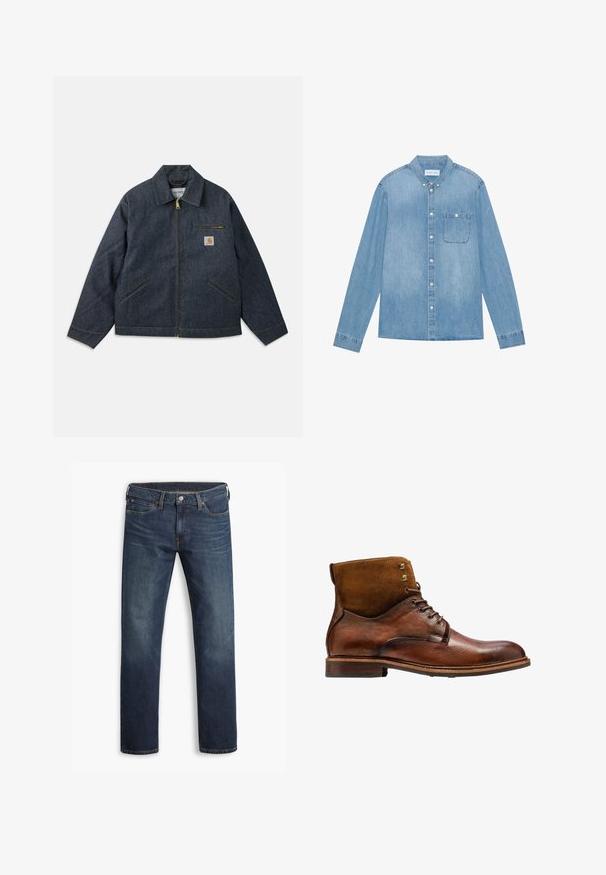Dunkelblaue Jeansjacke mit durchgehendem Reißverschluss, spitzem Kragen und zwei Seitentaschen. Verfügt über eine Brusttasche mit Logopatch und gelben Nähten.; Hellblaues Denim-Hemd mit Knopfleiste, langen Ärmeln, spitzem Kragen, einer Brusttasche und dezentem Verblassen des Stoffes.; Dunkelblaue Herren-Jeans mit geradem Bein, fünf Taschen und Knopfverschluss, flach auf weißem Hintergrund gezeigt.; Kazar ALID - Schnürstiefelette - brown