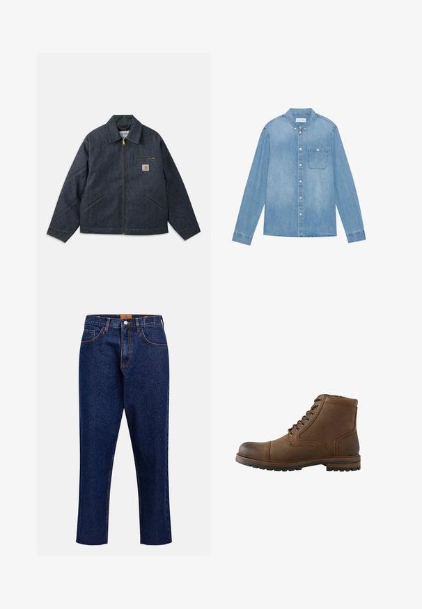 Mørkeblå denimjakke med lynlås foran, spids krave og to sidelommer. Har en brystlomme med logo-patch og gul syning.; Lys blå denim skjorte med knapper, lange ærmer, spids krave, en enkelt brystlomme og subtil falmning på stoffet.; Mørkeblå denimjeans med lige snit, høj talje, fem lommer og frynset kant. Kontrastsyning og detalje med knaplukning.; Brun læderankelstøvle med snørelukning foran og robust sål, designet til casual eller udendørs brug.