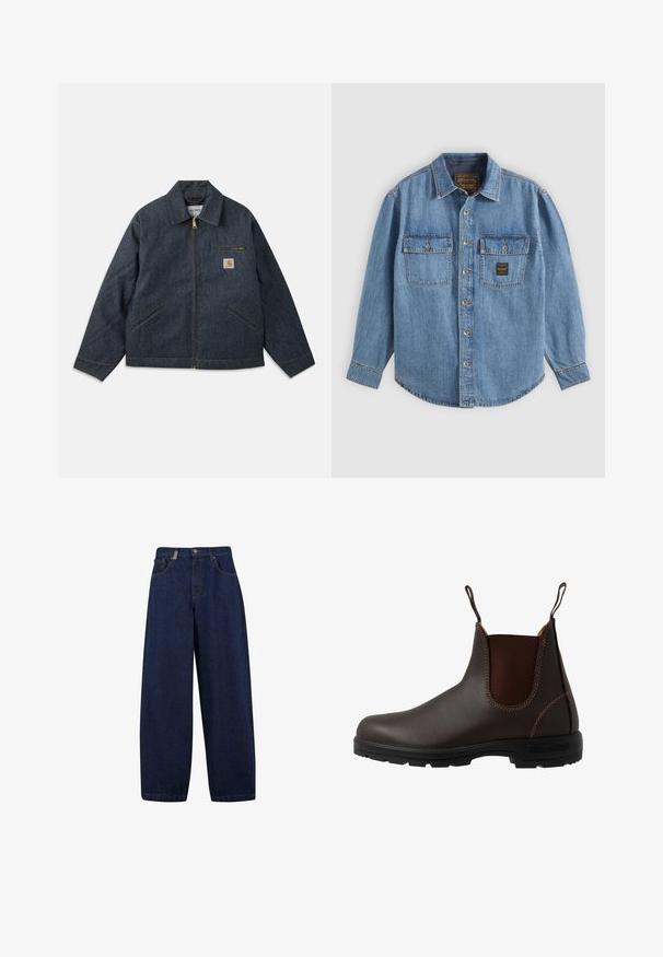 Dunkelblaue Jeansjacke mit durchgehendem Reißverschluss, spitzem Kragen und zwei Seitentaschen. Verfügt über eine Brusttasche mit Logopatch und gelben Nähten.; Blaues Jeanshemd mit Knöpfen, langen Ärmeln und zwei Brusttaschen, eine davon mit einem kleinen schwarzen und goldenen Aufnäher.; Lässige, dunkelblaue Denim-Jeans mit hoher Taille, Fronttaschen und geradem Bein. Enthält silberfarbene Hardware und minimalistische Nähte.; Brauner Chelsea-Stiefel aus Leder mit elastischem Seiteneinsatz, brauner Naht, Zuglaschen und einer strapazierfähigen Gummisohle mit strukturiertem Muster.