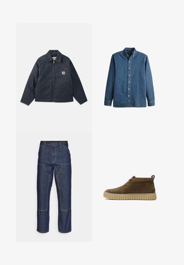Donkerblauw denimjack met een ritssluiting aan de voorkant, een puntige kraag en twee zijzakken. Voorzien van een borstzak met een logopatch en gele stiknaden.; Denim overhemd met knopen in middelblauwe kleur, met lange mouwen, een puntkraag, witte knopen en een getailleerde pasvorm met subtiele geborduurde logo.; Donkerblauwe denim jeans met een hoge taille, rechte pijpen, contrasterende stiksels en opgestikte zakken aan de voorkant.; Bruine suède enkellaarzen met een ronde neus, minimale stiksels en een gestructureerde, dikke rubberen zool. Voorzien van een vetersluiting en een hieltab.