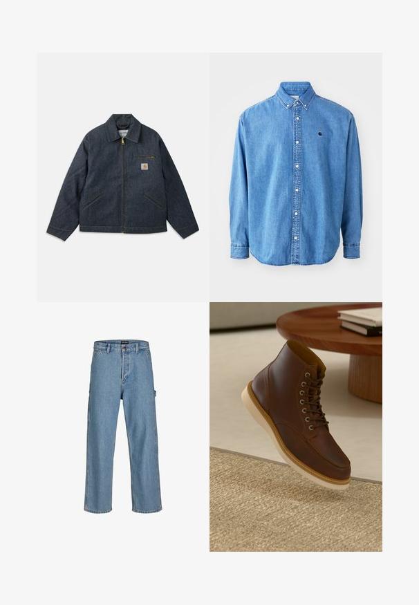 Mørkeblå denimjakke med lynlås foran, spids krave og to sidelommer. Har en brystlomme med logo-patch og gul syning.; Denim button-down skjorte, lyseblå i farven, med krave, lange ærmer og et lille logo på brystet. Har hvide knapper og syninger.; Lysblå denim jeans med afslappet pasform, lige ben og klassisk taljebutton. Har sidelommer og subtile syninger.; Brune læderankelstøvle med beige sål på et struktureret beige tæppe ved siden af et rundt træbord med stakke af bøger.