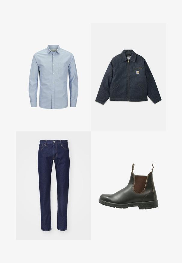 Dunkelblaue Jeansjacke mit durchgehendem Reißverschluss, spitzem Kragen und zwei Seitentaschen. Verfügt über eine Brusttasche mit Logopatch und gelben Nähten.; Helles blaues Langarmhemd mit Knopfleiste und einer Tasche auf der linken Brustseite. Aus weichem Stoff mit glatter Textur und dezentem Logo-Detail gefertigt.; Marineblaue Denim-Jeans mit geradem Schnitt, fünf Taschen, kontrastierendem orangenem Nahtdesign und einem silbernen Knopfverschluss an der Taille.; Chelsea-Boots aus glattem schwarzem Leder mit braunen elastischen Seitenteilen, kontrastierenden Nähten und einer strukturierten Gummisohle.