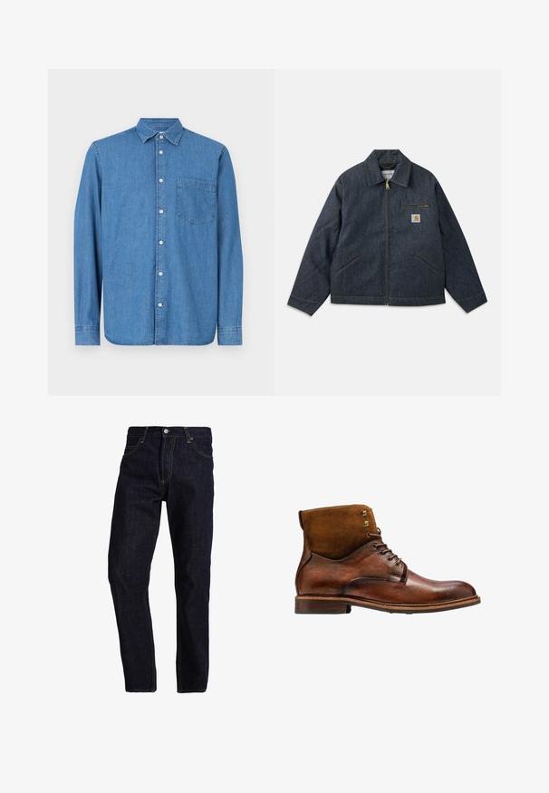 Mørkeblå denimjakke med lynlås foran, spids krave og to sidelommer. Har en brystlomme med logo-patch og gul syning.; Denimskjorte, lys blåt, lange ærmer, knaplukning foran, krave, enkelt brystlomme, lige kant, subtil tekstur, afslappet design.; Mørkeblå denim jeans med lige pasform, med gul syning, fem lommer og en klassisk knap- og lynlås lukning.; Kazar ALID - Snørestøvletter - brown
