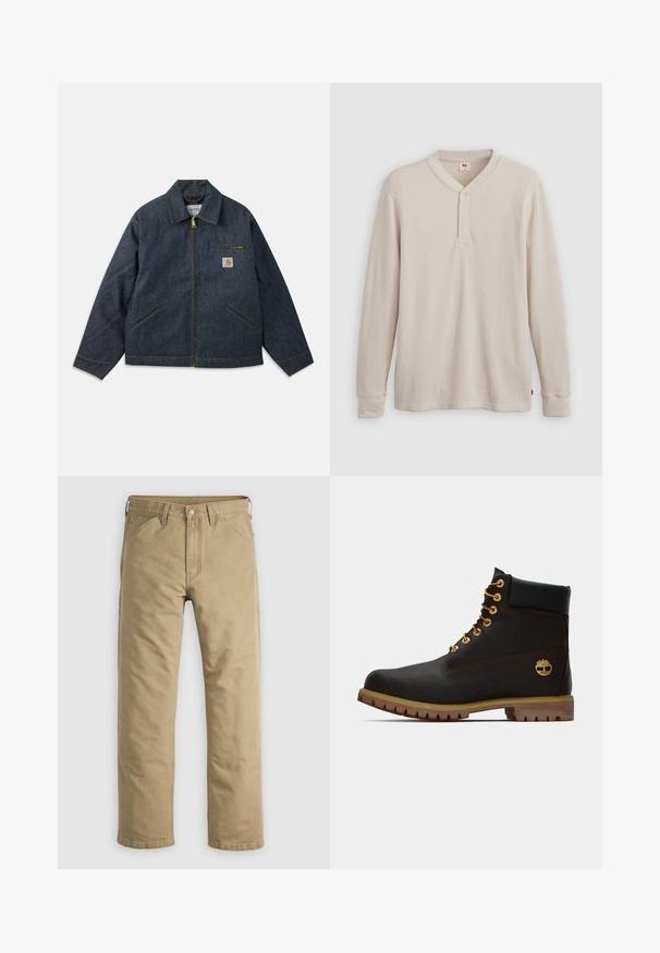 Dunkelblaue Jeansjacke mit durchgehendem Reißverschluss, spitzem Kragen und zwei Seitentaschen. Verfügt über eine Brusttasche mit Logopatch und gelben Nähten.; Langärmliges Henley-Shirt aus leicht beigem Rippstoff mit V-Ausschnitt, Knopfleiste mit drei Knöpfen und angeschnittenen Ärmeln. Roter Logo-Tag am Saum.; Khakifarbene Baumwollhose mit geradem Bein, Vordertaschen und Knopfverschluss. Glatte Textur und verstärkte Nähte für Langlebigkeit.; Schwarze Leder-Ankle-Boots mit goldenen Ösen, braunen Akzenten und einer Gummisohle. Verfügt über einen gepolsterten Schaft und ein geprägtes Logo an der Seite.