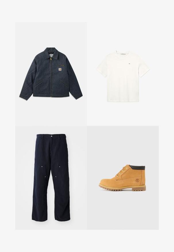 Dunkelblaue Jeansjacke mit durchgehendem Reißverschluss, spitzem Kragen und zwei Seitentaschen. Verfügt über eine Brusttasche mit Logopatch und gelben Nähten.; Weißes Baumwoll-T-Shirt mit kurzen Ärmeln, rundem Halsausschnitt und einem kleinen schwarzen Logo auf der Brust. Einfaches, schmuckloses Design.; Helle königsblaue Cargohose aus Baumwolle mit strukturierter Oberfläche. Verfügt über zwei Fronttaschen mit Knopfakzenten und einen Frontknopfverschluss.; Braune Leder-Mid-Top-Stiefel mit runder Spitze, braunen Akzenten, gelben Metallösen und einer robusten Sohle. Timberland-Logo auf der Seite eingeprägt.