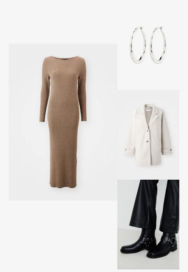 Abrigo de lana gris claro con solapas oversized, dos botones, puños enrollados y bolsillos laterales. Textura suave, corte relajado y diseño minimalista.; Vestido de manga larga de canalé en un cálido color marrón, con un escote redondo y un diseño ajustado que llega hasta los tobillos.; Botines de cuero negro con punta redonda, que cuentan con una hebilla decorativa y tachuelas en la correa, además de un diseño acanalado vertical.; Pendientes de aro de plata con un acabado suave y brillante. Forma circular, con un cierre seguro. Diseño sencillo y elegante.