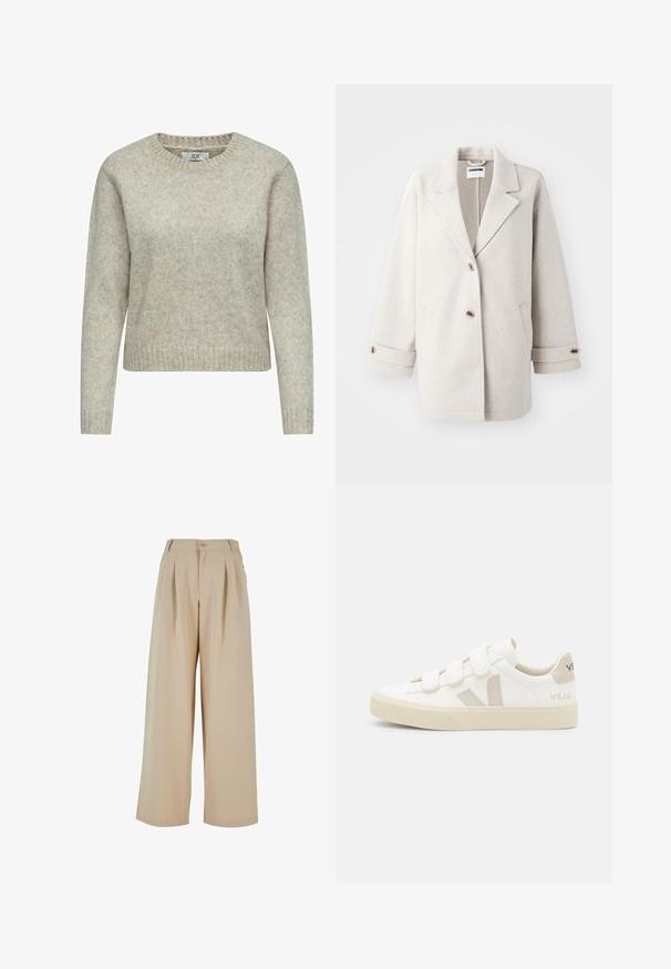 Lys grå uldfrakke med overdimensionerede klapkraver, to knapper, opbrettede manchetter og sidelommer. Blød tekstur, afslappet pasform og minimalistisk design.; Lys beige damestriktrøje lavet af blødt strikstof, med rund halsåbning og ribstrikkede manchetter og kant. Klassisk, lige skåret design.; Beige vide benbukser med plisseret front, knaplukning og en glat tekstur. Har en skræddersyet talje og sidelommer.; Hvide sneakers med velcro-remme, suede detaljer i beige, struktureret gummisål og V-logo i grå. Minimalistisk design, afrundet form.