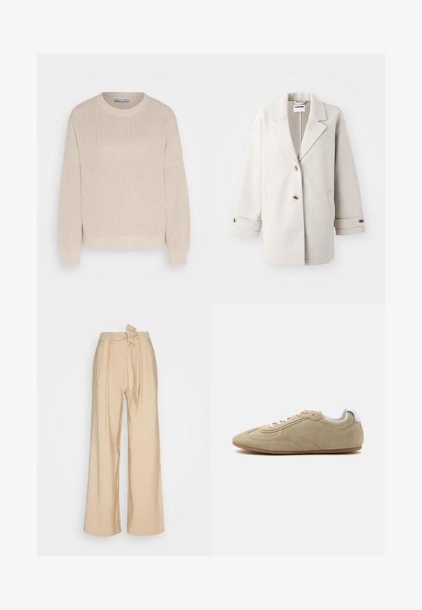 Manteau en laine gris clair avec des revers surdimensionnés, deux boutons, des poignets retroussés et des poches latérales. Texture douce, coupe décontractée et design minimaliste.; Anna Field by Zalando Pullover - grey; Pantalons beige à jambes larges en tissu lisse, avec un détail de taille nouée et des plis sur le devant pour une forme structurée.; Baskets décontractées en daim beige avec lacets blancs, col de talon rembourré blanc et semelle en caoutchouc marron clair, vues de profil.
