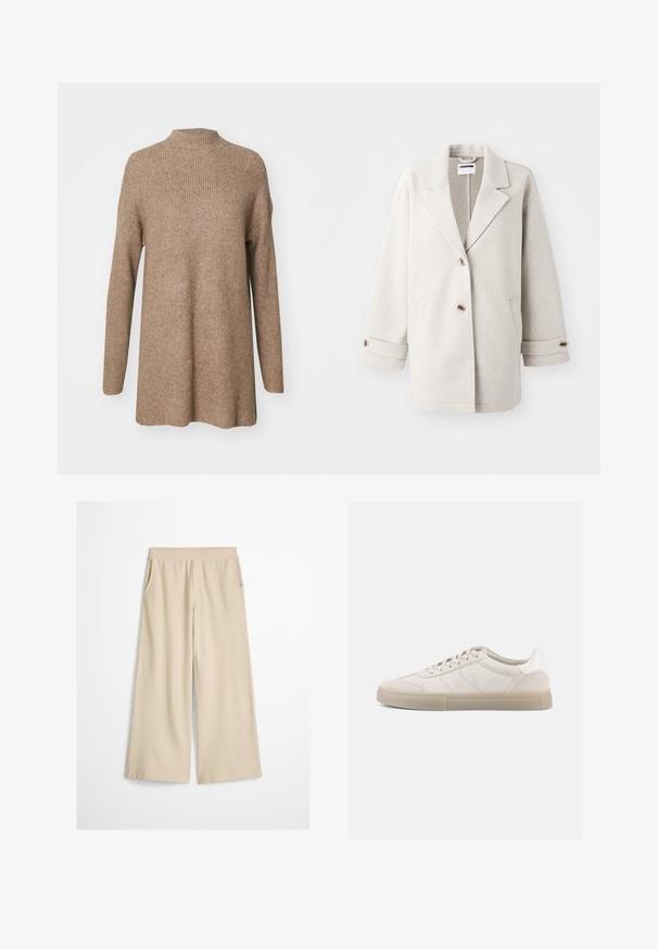 Lichtgrijze wol coat met oversized revers, twee knopen, opgerolde manchetten en zijzakken. Zachte textuur, relaxte pasvorm en minimalistisch ontwerp.; Bruine geribde trui met een hoge hals, lange mouwen en een relaxed fit. Gemaakt van een zachte, textuurrijke stof.; Wijde broekspijpen in roomkleur met een hoge tailleband, zonder zichtbare sluitingen of zakken, weergegeven tegen een witte achtergrond.; Beige suède sneakers met een lage profiel, voorzien van een gestructureerd bovenwerk, tonale stiksels en een lichte rubberen zool. Veters maken het ontwerp compleet.