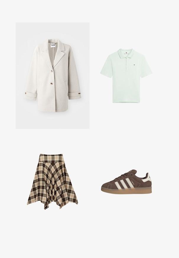 Abrigo de lana gris claro con solapas oversized, dos botones, puños enrollados y bolsillos laterales. Textura suave, corte relajado y diseño minimalista.; Polo de manga corta de color verde claro con tapeta de botones y pequeño logo de Tommy Hilfiger en el pecho izquierdo.; Falda de línea A con cuadros en tonos beige, marrón y gris, con un dobladillo asimétrico y una cinturilla ancha.; Zapatilla de ante marrón con detalles en cuero blanco y tres rayas blancas. Presenta una puntera redonda y una suela de goma. Logotipo en el lateral.