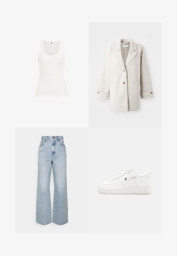 Lys grå uldfrakke med overdimensionerede klapkraver, to knapper, opbrettede manchetter og sidelommer. Blød tekstur, afslappet pasform og minimalistisk design.; Hvid ribbet tanktop med rund halsudskæring og brede stropper. Stoffet ser strækbart og tætsiddende ud, velegnet til lag-på-lag eller afslappet brug.; Lysblå denim brede ben jeans med høj talje, klassisk fem-lomme design og kontrasterende syninger. Uslebne kanter i bunden.; Hvid Nike Air Force 1 sneaker med metallisk sølv swoosh-logo, snørelukning foran, gennemhullet tå og tekstureret gummisål.