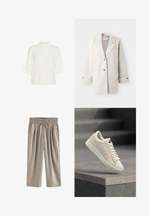 Lichtgrijze wol coat met oversized revers, twee knopen, opgerolde manchetten en zijzakken. Zachte textuur, relaxte pasvorm en minimalistisch ontwerp.; Witte losse korte-mouwtrui met een hoge hals en geribde zoom, weergegeven op een effen witte achtergrond.; Lichtgrijze broek met een geplooide voorkant, elastische tailleband en trekkoord. Gemaakt van zachte stof met een gladde textuur.; Witte Nike-sneaker met geperforeerde swoosh en veters, zwevend boven een grijs betonnen oppervlak met vervaagde trappen op de achtergrond.