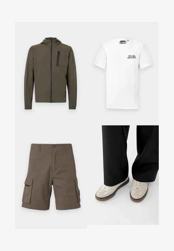Veste légère vert olive avec fermeture éclair à l'avant, capuche, deux poches latérales et une poche poitrine. Texture lisse et poignets élastiques.; T-shirt blanc à manches courtes avec col rond et petit logo noir "Pepsi-Cola" sur la poitrine gauche et étiquette de marque dans le cou.; Shorts cargo en vert olive, fabriqués en coton, dotés de deux poches latérales, d'une fermeture à bouton et d'un design droit.; Pieds portant des baskets beige avec des semelles marron et un pantalon noir à jambes larges sur fond blanc.