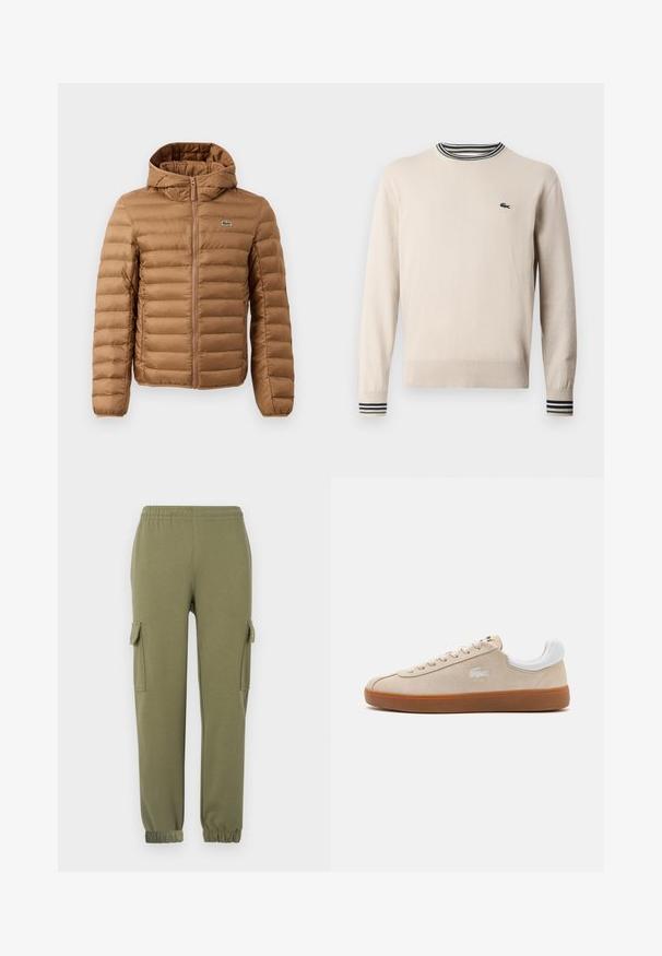 Chaqueta acolchada marrón con capucha, que presenta un diseño de acolchado horizontal y un cierre frontal con cremallera. Incluye un pequeño logo en el lado izquierdo del pecho.; Suéter beige hecho de tejido de punto, con un escote redondo, puños acanalados con rayas negras y verdes, y un pequeño logo en el pecho.; Pantalones cargo de tela liviana en color verde oliva, con bolsillos laterales, cintura elástica y puños ajustados para un ajuste ceñido.; Zapatilla de ante beige con detalles en cuero blanco, cierre de cordones plano, suela de goma y logo bordado. La vista lateral muestra un diseño aerodinámico.