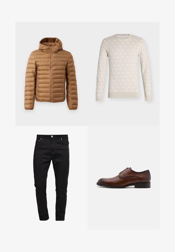 Veste matelassée marron avec capuche, présentant un design à côtes horizontales et une fermeture éclair à l'avant. Comprend un petit logo sur la poitrine gauche.; Pull beige col rond à manches longues, avec un subtil motif losange blanc sur toute la surface et de petits détails logo.; Jean noir en tissu denim, design slim fit, style à cinq poches, fermeture à bouton métallique, avec des détails de couture et une texture lisse.; Chaussure habillée en cuir marron au design élégant, à bout rond, avec un laçage à cinq œillets et un petit talon empilé. Présente des coutures discrètes.