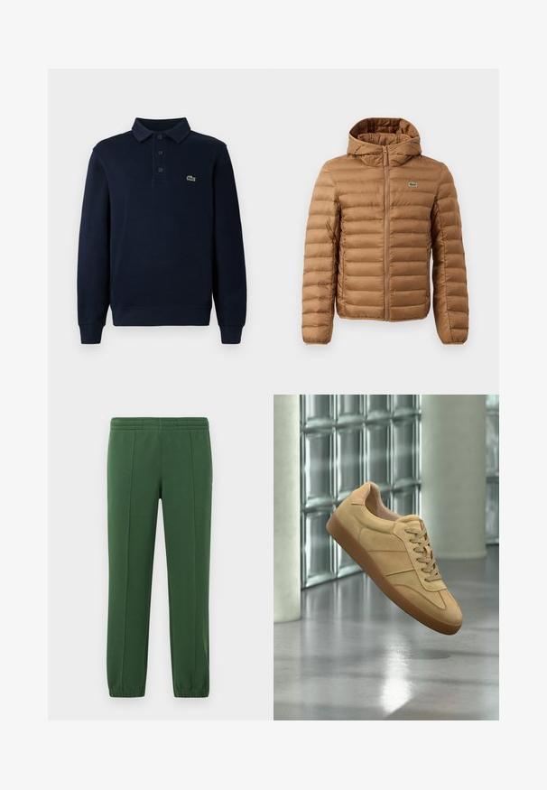 Chaqueta acolchada marrón con capucha, que presenta un diseño de acolchado horizontal y un cierre frontal con cremallera. Incluye un pequeño logo en el lado izquierdo del pecho.; Camisa polo de manga larga azul marino con tapeta de botones y pequeño logo de cocodrilo verde en el pecho.; Pantalones de chándal verdes hechos de una tela suave; cuentan con una cintura elástica, perneras ajustadas y un pequeño logo en el lado.; Zapatilla beige de ante con suela de goma, diseño con cordones, flotando en interiores sobre suelo de hormigón pulido cerca de pared de bloques de vidrio.