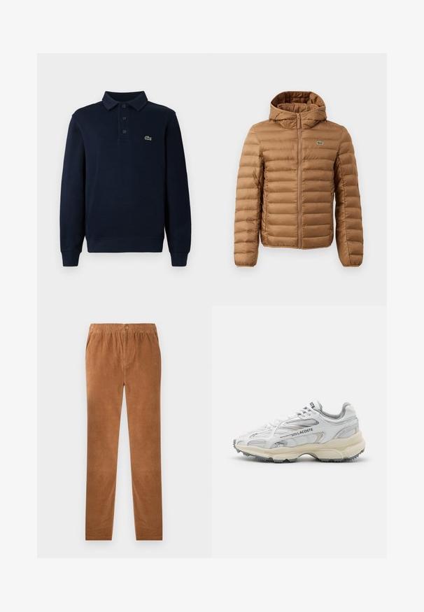 Bruine gewatteerde jas met capuchon, uitgerust met een horizontaal gestikt ontwerp en een rits aan de voorkant. Bevat een klein logo op de linkerborst.; Marineblauwe lange mouwen polo shirt met knoopsluiting en klein groen krokodillenlogo op de borst.; Bruine corduroy broek met een elastische tailleband, voorzien van een knoopsluiting. Rechte pasvorm en zachte, gestructureerde stof.; Witte sportieve schoenen met grijze accenten, bovenwerk van mesh en synthetisch materiaal, vetersluiting en een geprofileerde rubberen zool met looppatronen.