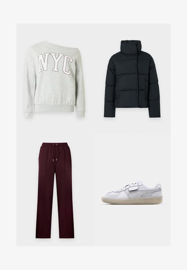 Veste matelassée noire avec un col montant, un design matelassé, et une coupe carrée. Elle comporte une fermeture éclair à l'avant et aucun détail visible de quincaillerie.; Sweat-shirt gris clair à manches longues avec de grandes lettres roses "NYC" sur la poitrine, poignets et ourlet côtelés.; Pantalon bordeaux en tissu lisse, doté d'une taille à cordon, de plis et d'une coupe décontractée avec des jambes droites. Détails métalliques dorés.; Baskets blanches en cuir avec des accents gris, fermeture à lacets et semelle en caoutchouc texturée. Présente un logo bien en vue sur le côté.