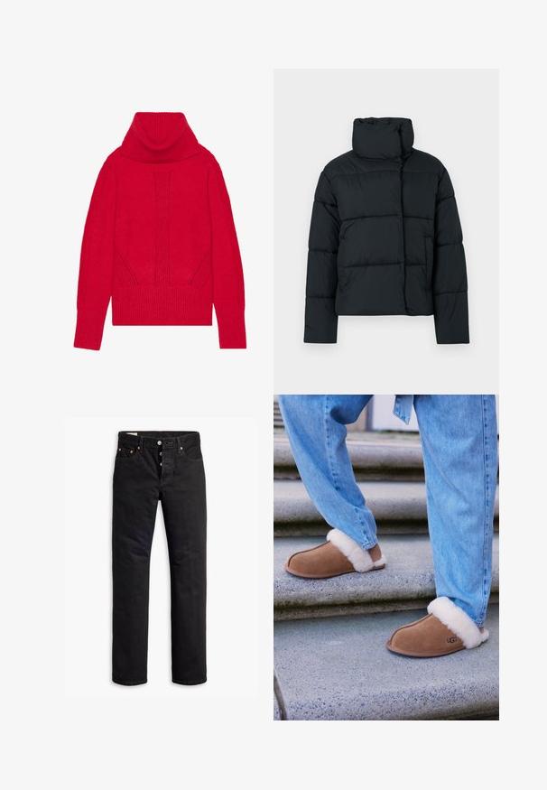 Sort pufferjakke med høj krave, quiltet design og en boxy pasform. Har lynlås foran og ingen synlige hardwaredetaljer.; Rød strikket turtleneck sweater med ribbet tekstur, lodret detaljer og brede ribbede manchetter og kant. Blødt, tykt stof.; Sorte denimjeans med lige pasform, fem lomme-design og knaplukning. Har kobbernitter og syningsdetaljer.; Brune ruskind tøfler med hvid faux pelsforing, rund tå og gummisål, parret med blå denim jeans på granittrapper.