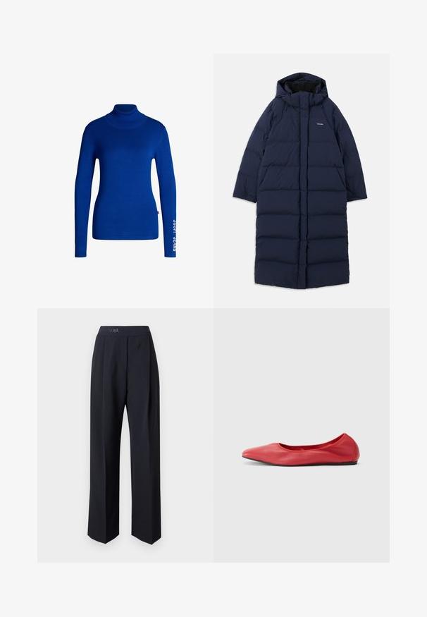 Manteau long en duvet bleu marine avec capuche, design rectangulaire, motif matelassé, fermeture éclair à l'avant et doublure intérieure. Équipé de cordons réglables.; Pull col roulé bleu en tissu doux et extensible. Il a des manches longues et le texte "JOOP! JEANS" imprimé en blanc sur la manche droite.; Pantalon taille haute bleu marine en tissu lisse, coupe large avec plis sur le devant et ceinture à logo.; Filippa K REY FLATS - Ballerines - bright red