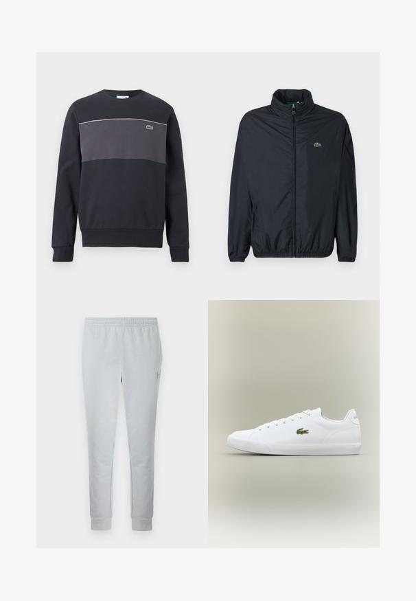 Veste coupe-vent noire avec un col montant, une fermeture éclair à l'avant et des poignets élastiques. Présente un petit logo vert sur la poitrine gauche. Matière légère.; Sweat-shirt à manches longues noir et gris foncé avec un petit logo de crocodile vert sur la poitrine gauche et un liseré blanc au-dessus du panneau gris.; Pantalon de survêtement gris clair en tissu doux, doté d'une taille élastique, de jambes fuselées et d'un petit écusson logo sur le côté.; Baskets blanches en cuir avec une semelle en caoutchouc texturé, arborant un logo crocodile brodé vert sur le côté et un branding minimal.