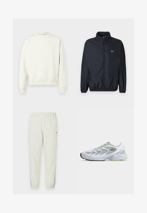 Veste coupe-vent noire avec un col montant, une fermeture éclair à l'avant et des poignets élastiques. Présente un petit logo vert sur la poitrine gauche. Matière légère.; Sweatshirt beige clair, col rond, poignets et ourlet côtelés, en matière de coton doux, avec un logo embouti sur le devant.; Jogging léger crème avec une taille élastique, des chevilles resserrées, des fentes latérales et un petit logo vert sur la cuisse supérieure.; Baskets de sport blanches et grises avec des touches vertes et un logo, panneaux en mesh et une semelle épaisse et rembourrée, vues de côté sur un fond uni.