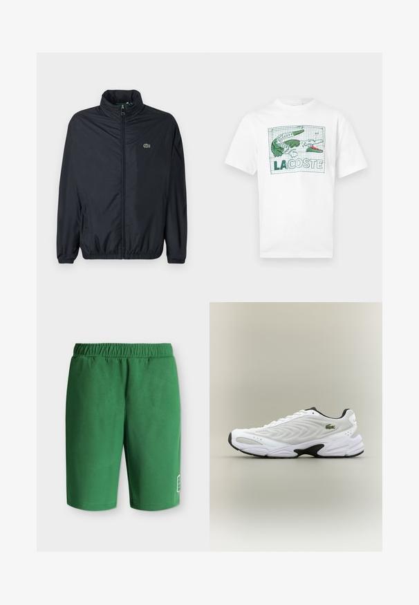 Veste coupe-vent noire avec un col montant, une fermeture éclair à l'avant et des poignets élastiques. Présente un petit logo vert sur la poitrine gauche. Matière légère.; T-shirt blanc à manches courtes avec un crocodile brodé en vert et rose et le texte "LACOSTE" sur un fond à motif quadrillé à l'avant.; Shorts décontractés verts avec taille élastique et petit logo blanc près du bas de la jambe gauche sur un fond uni.; Baskets de sport blanches avec un dessus en mesh texturé, un design courbé et une semelle noire contrastante. Présente un logo brodé vert sur le côté.
