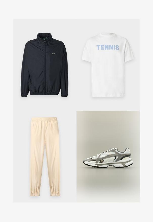 Veste coupe-vent noire avec un col montant, une fermeture éclair à l'avant et des poignets élastiques. Présente un petit logo vert sur la poitrine gauche. Matière légère.; T-shirt en coton blanc à manches courtes, avec le mot « TENNIS » en lettres capitales bleu clair sur la poitrine.; Pantalon beige clair à taille élastique avec poignets froncés, coupe droite et tissu lisse, présenté sur un fond clair uni.; Chaussure de sport avec une tige en mesh blanc, des accents gris, une semelle en caoutchouc noire et un design épuré. Elle présente des lacets et des détails texturés.