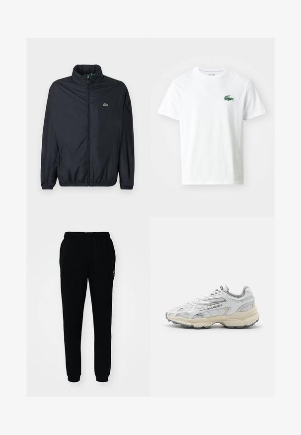 Zwart windjack met hoge kraag, ritssluiting aan de voorkant en elastische manchetten. Voorzien van een klein groen logo op de linkerborst. Lichtgewicht materiaal.; Lacoste T-shirt print - white/green; Zwarte trainingsbroek met een elastische tailleband en boorden. Gemaakt van zachte stof, met een klein logo aan de linkerbovenkant.; Witte sportieve schoenen met grijze accenten, bovenwerk van mesh en synthetisch materiaal, vetersluiting en een geprofileerde rubberen zool met looppatronen.