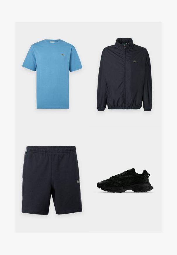 Veste coupe-vent noire avec un col montant, une fermeture éclair à l'avant et des poignets élastiques. Présente un petit logo vert sur la poitrine gauche. Matière légère.; T-shirt bleu à manches courtes avec col rond et petit logo de crocodile vert sur le côté gauche de la poitrine, présenté sur fond blanc.; Shorts de sport noirs avec une taille élastique, des bandes blanches sur les côtés et un petit logo de crocodile vert sur la jambe droite.; Chaussure de sport noire avec maille texturée et superpositions synthétiques, semelle épaisse avec crampons et languette au talon, vue de côté sur fond blanc.